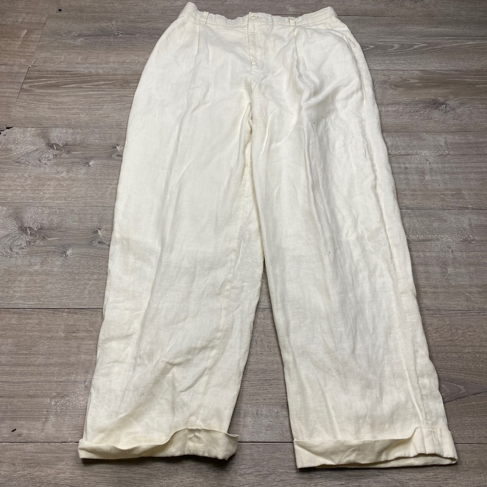 Prestige Linen Trousers Mens 36X32 Cream Pleated Wide Cuffed Summer Beach Pants